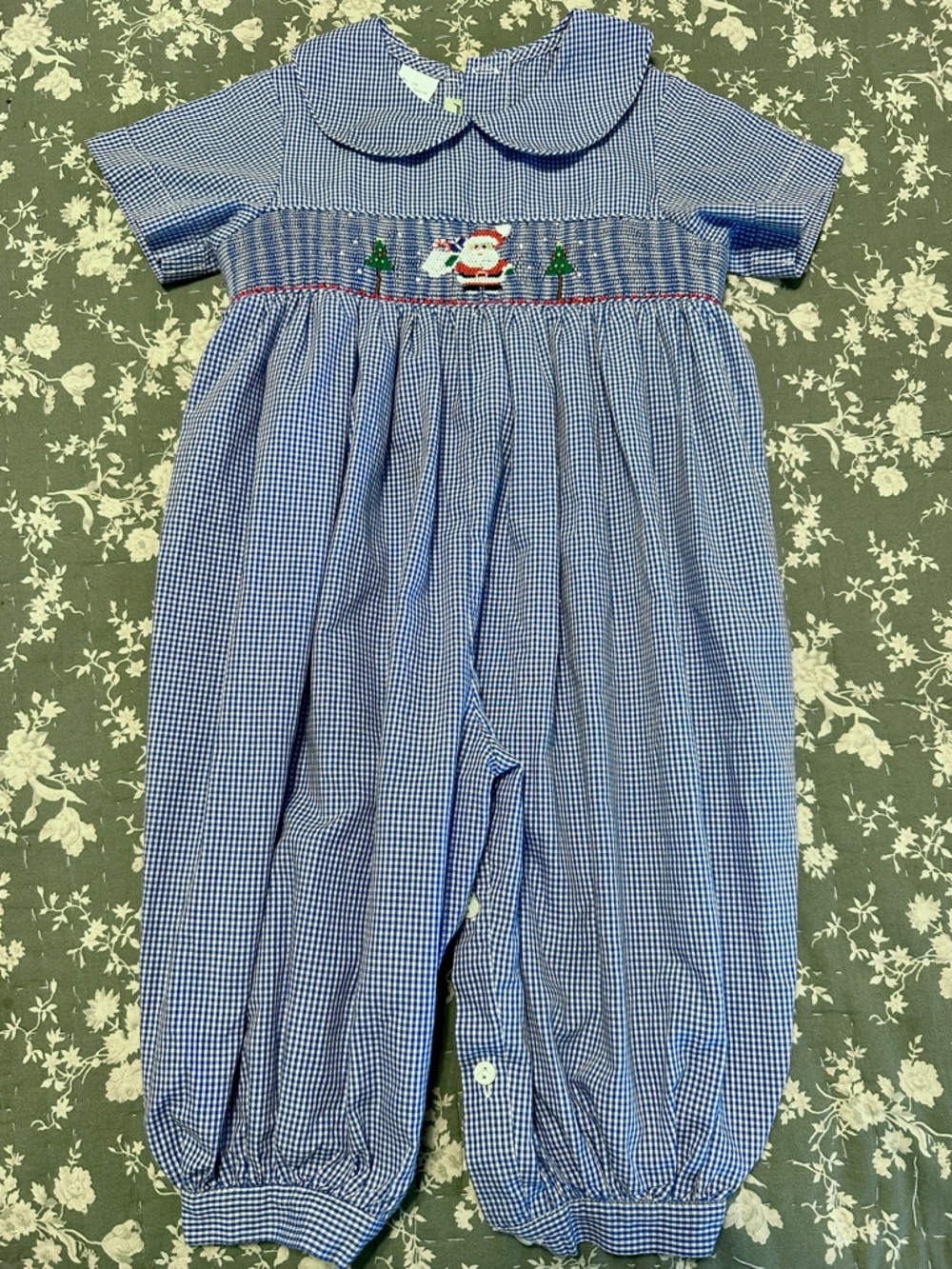 Blue Gingham Santa Smocked Kids One-Piece